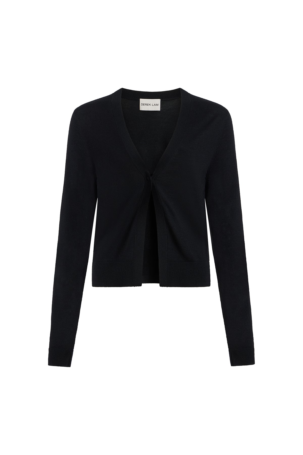 A black long-sleeve knit cardigan by Cleo de Lange, featuring a V-neckline and a front button closure, displayed on a clean white background.