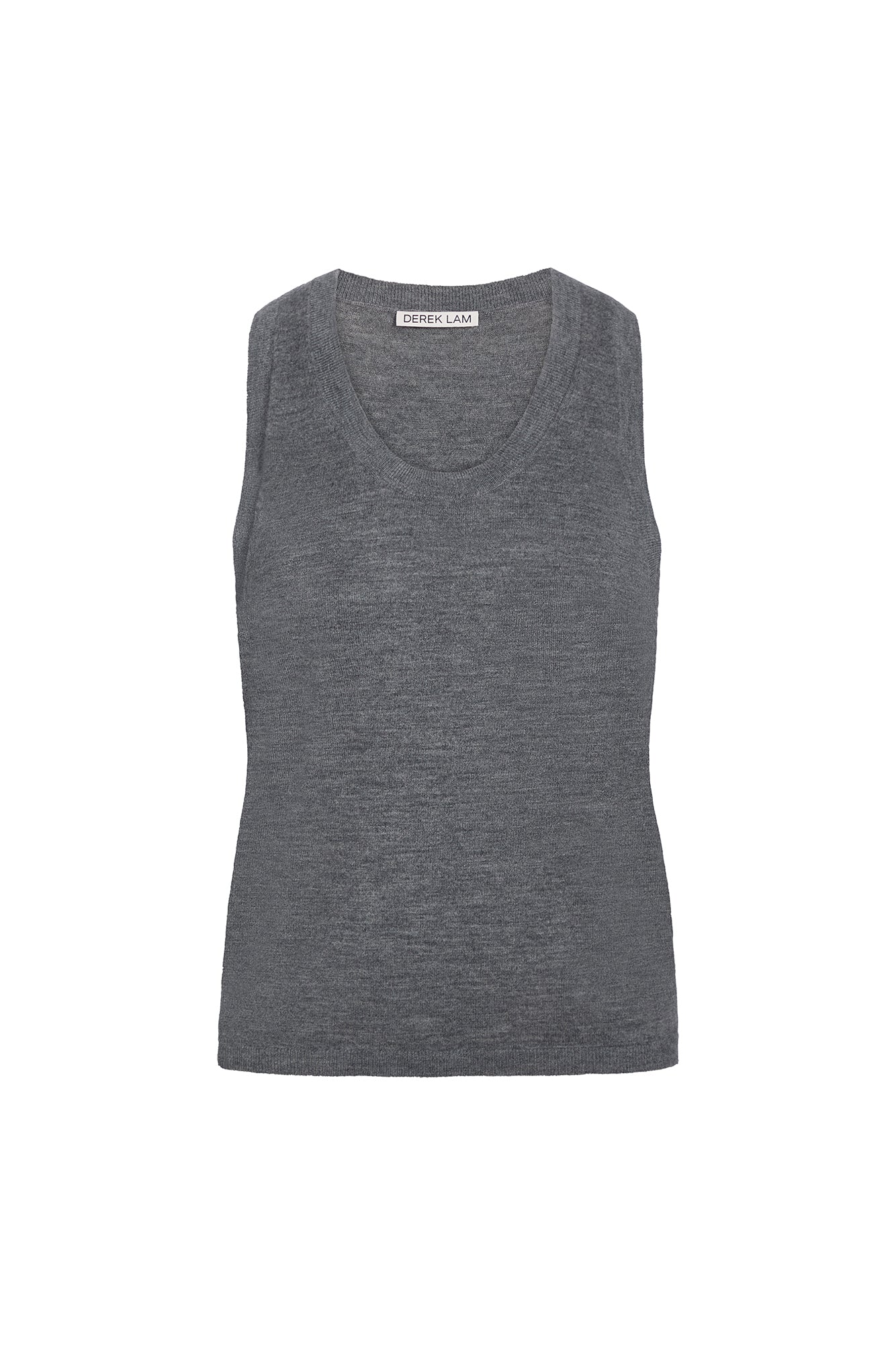 A darkgrey sleeveless knit tank top with a wide scoop neckline, shown flat against a plain white background. The brand name 'DEREK LAM' is visible on the inner neck label.