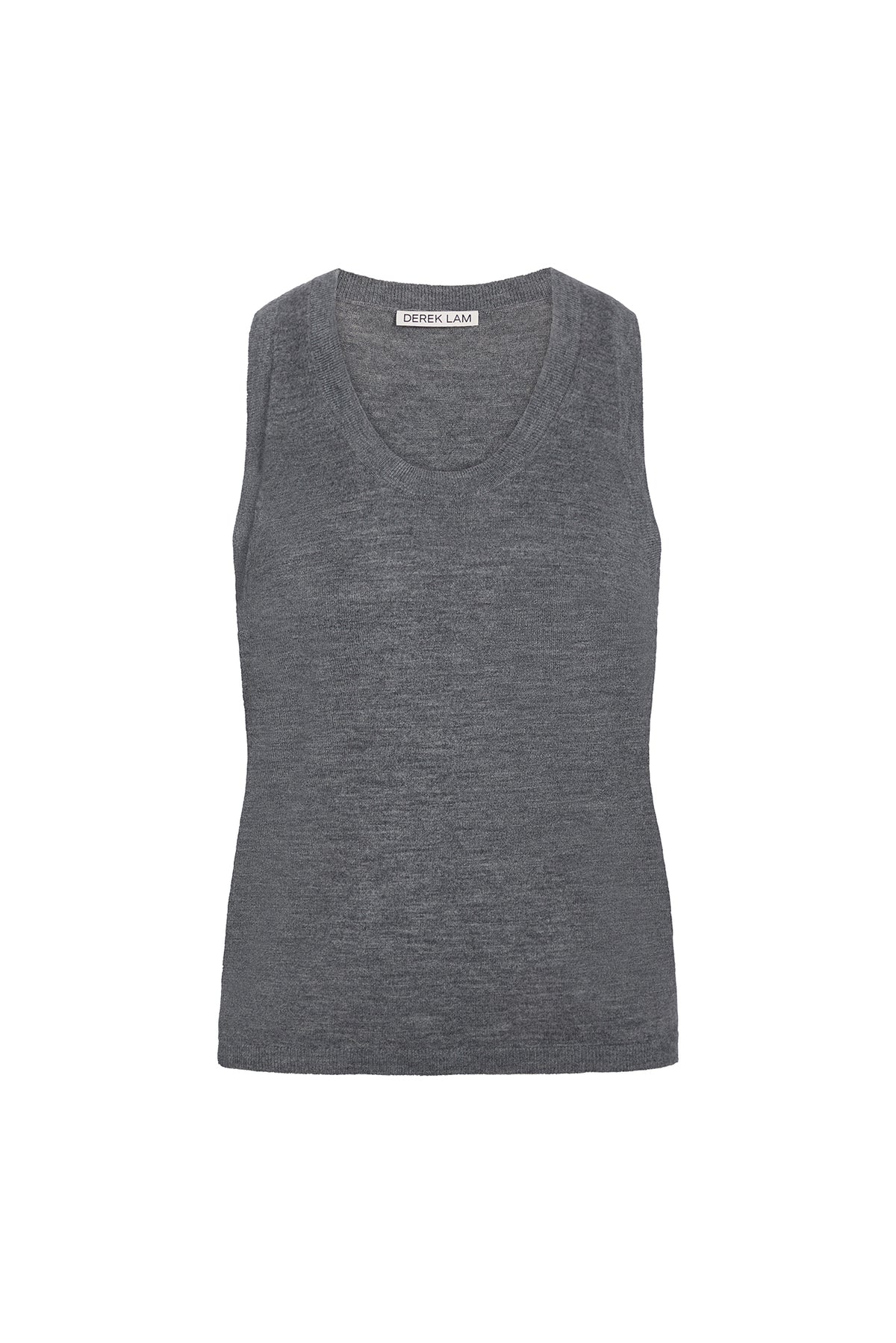 A darkgrey sleeveless knit tank top with a wide scoop neckline, shown flat against a plain white background. The brand name 'DEREK LAM' is visible on the inner neck label.