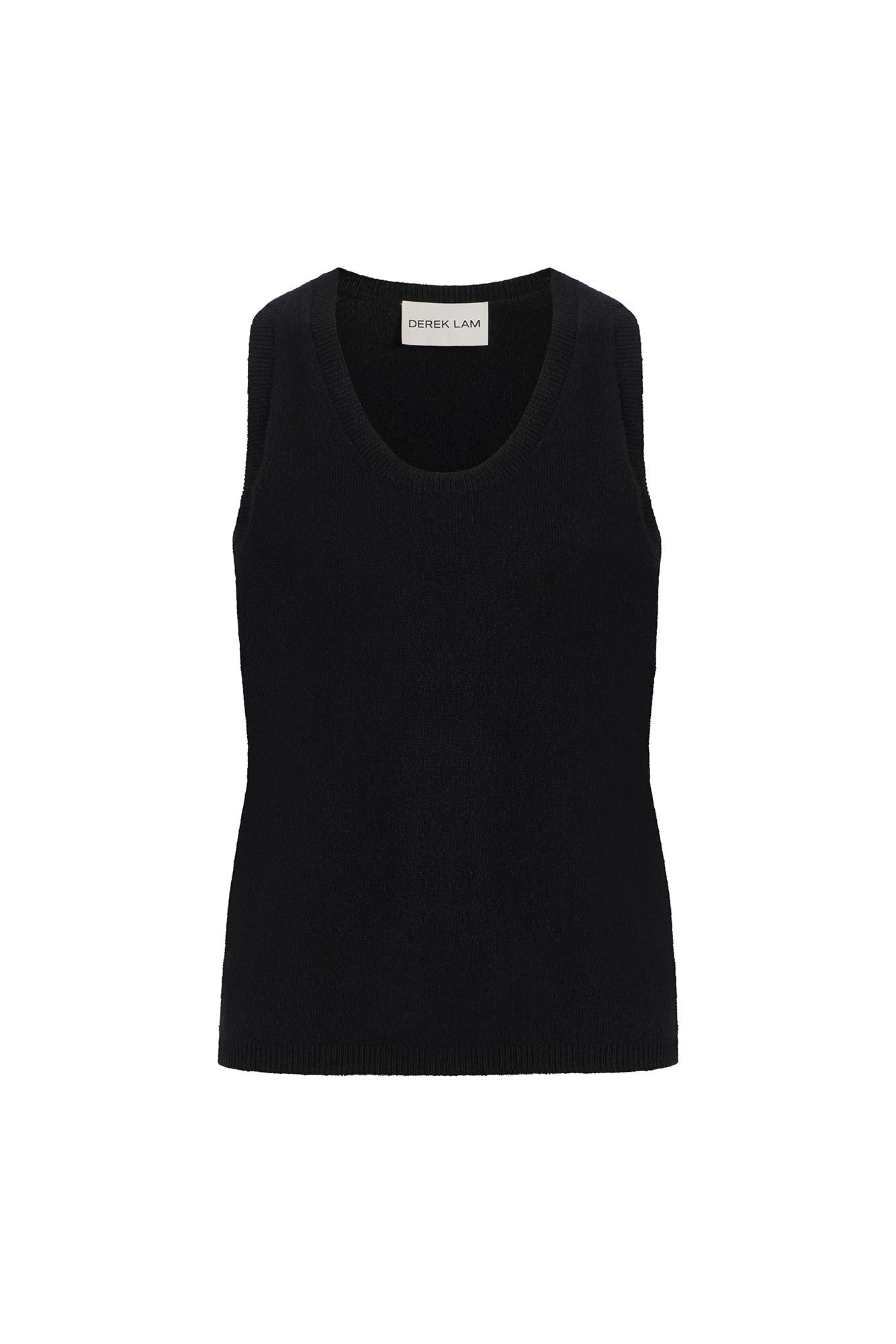 A black sleeveless knit tank top with a wide scoop neckline, shown flat against a plain white background. The brand name 'DEREK LAM' is visible on the inner neck label.