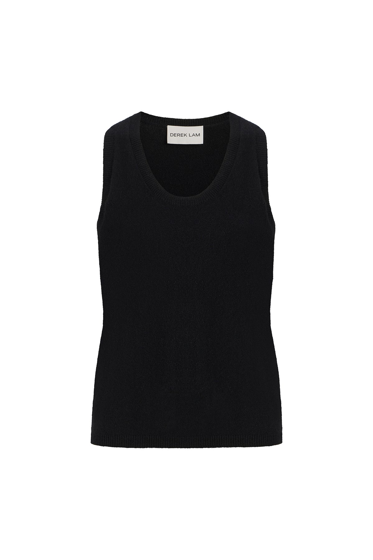 A black sleeveless knit tank top with a wide scoop neckline, shown flat against a plain white background. The brand name 'DEREK LAM' is visible on the inner neck label.