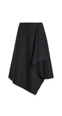 A black asymmetrical draped skirt with a layered, ruffled hem, shown against a plain white background.