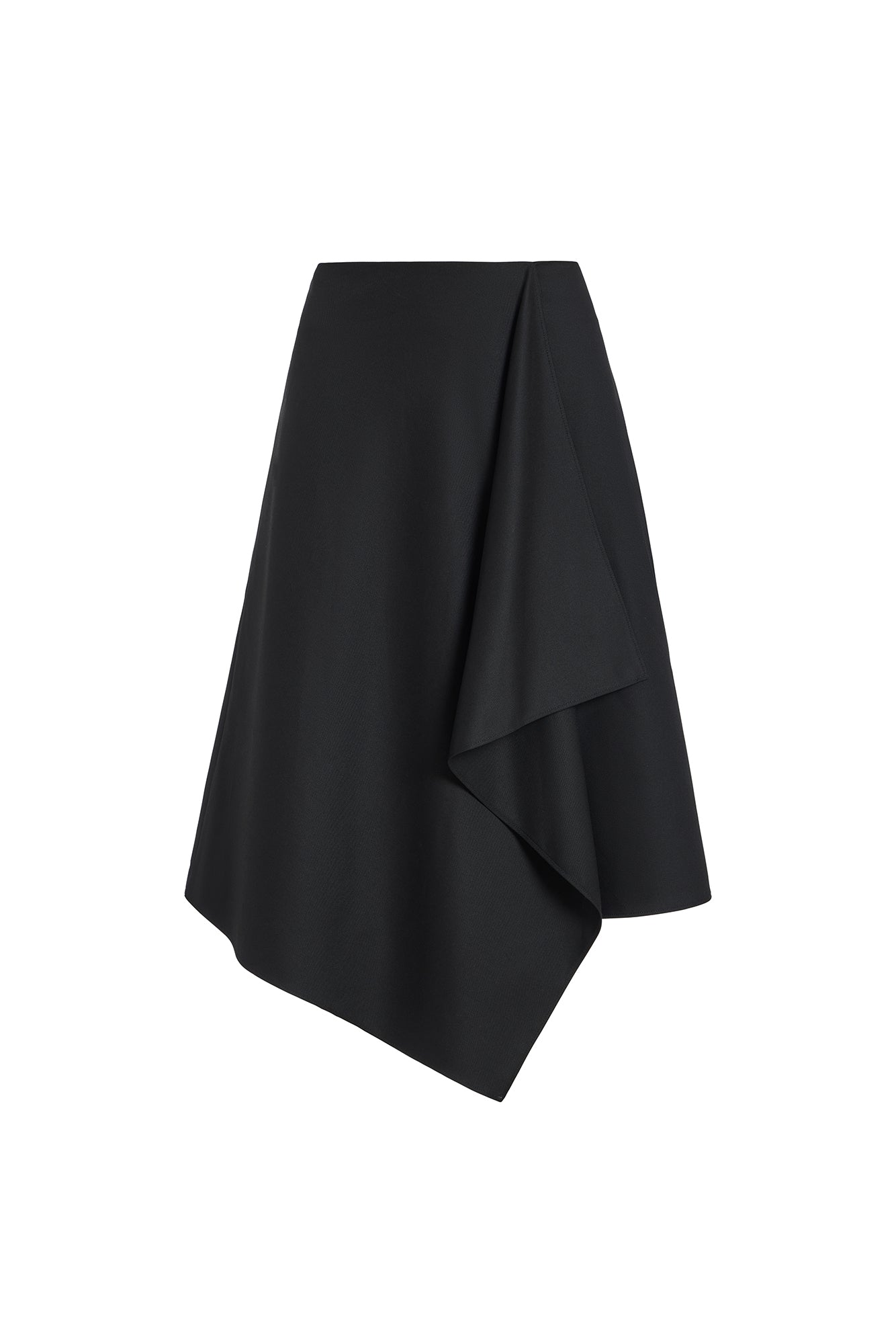 A black asymmetrical draped skirt with a layered, ruffled hem, shown against a plain white background.