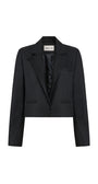 A black cropped blazer with notched lapels, flap pockets, and a single button closure, shown flat against a white background.