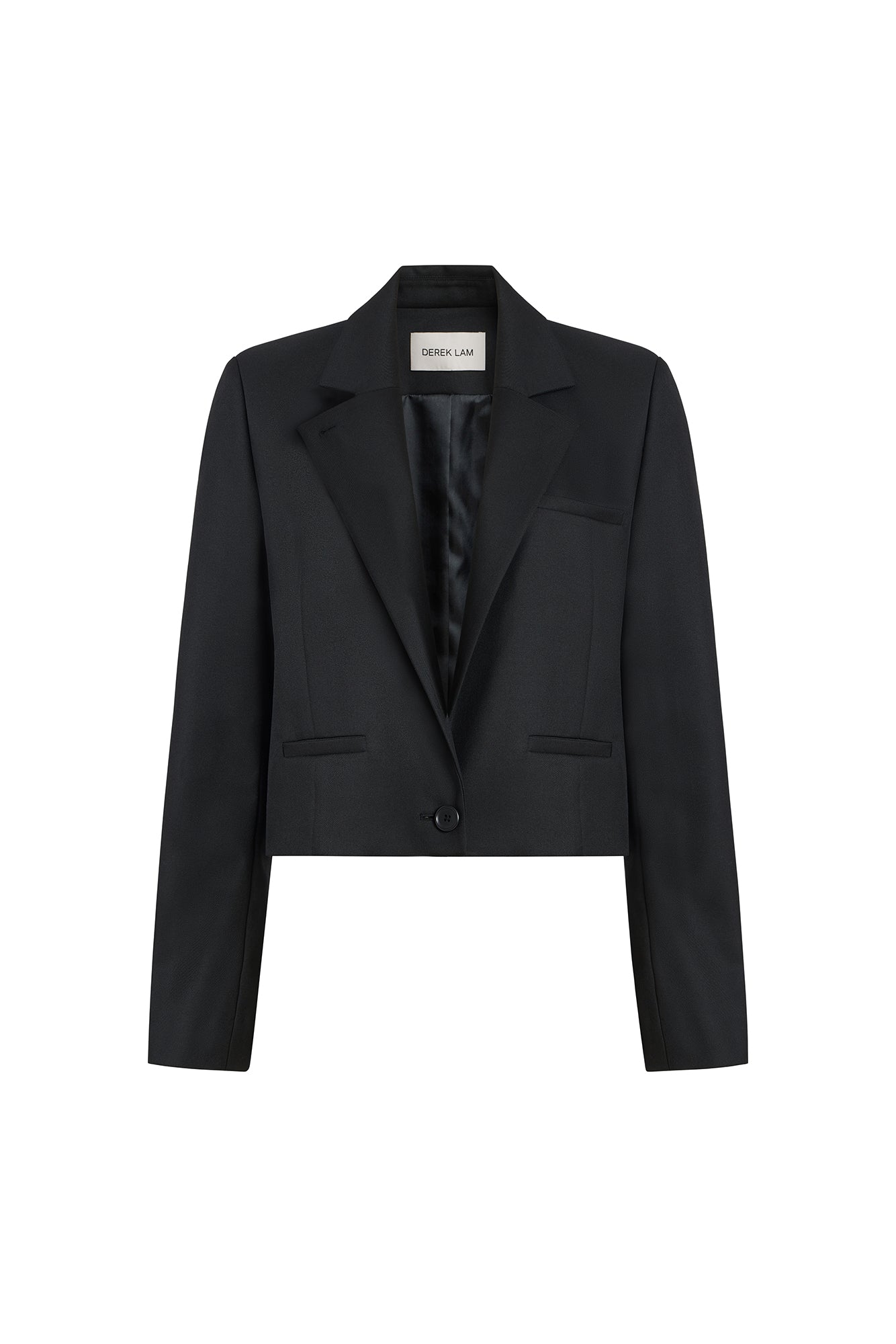 A black cropped blazer with notched lapels, flap pockets, and a single button closure, shown flat against a white background.