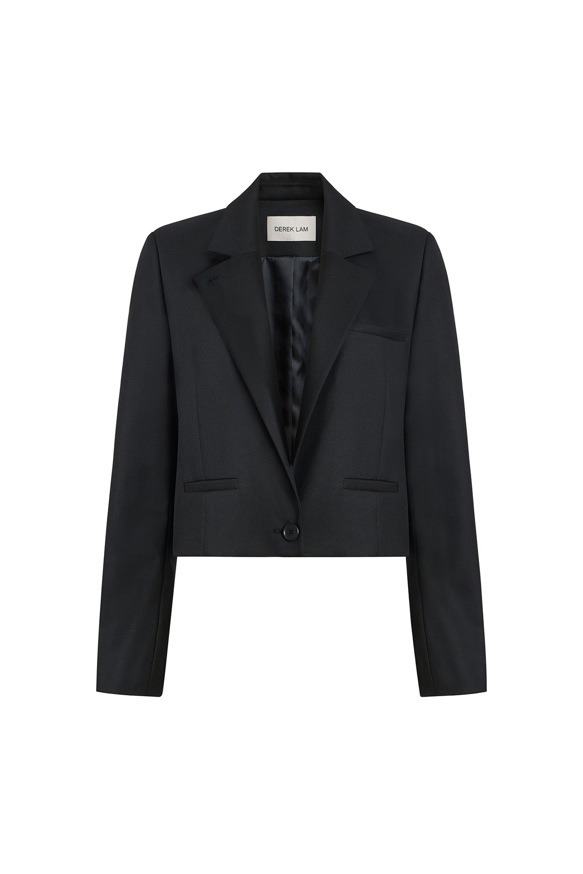 A black cropped blazer with notched lapels, flap pockets, and a single button closure, shown flat against a white background.