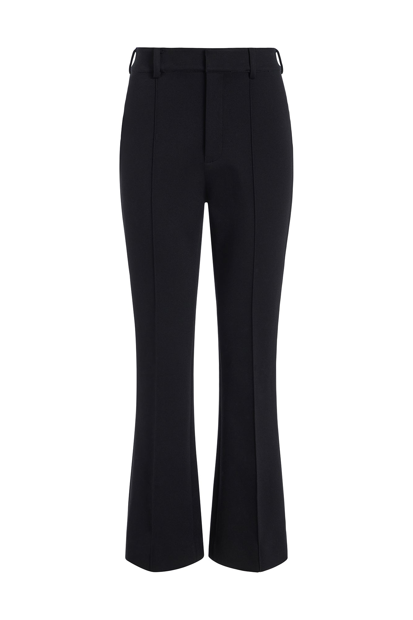 Black wide-leg trousers with a front crease and belt loops, shown flat against a white background.