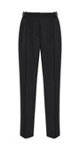Black pleated trousers with a unique double-buckle belt detail, shown flat against a white background.