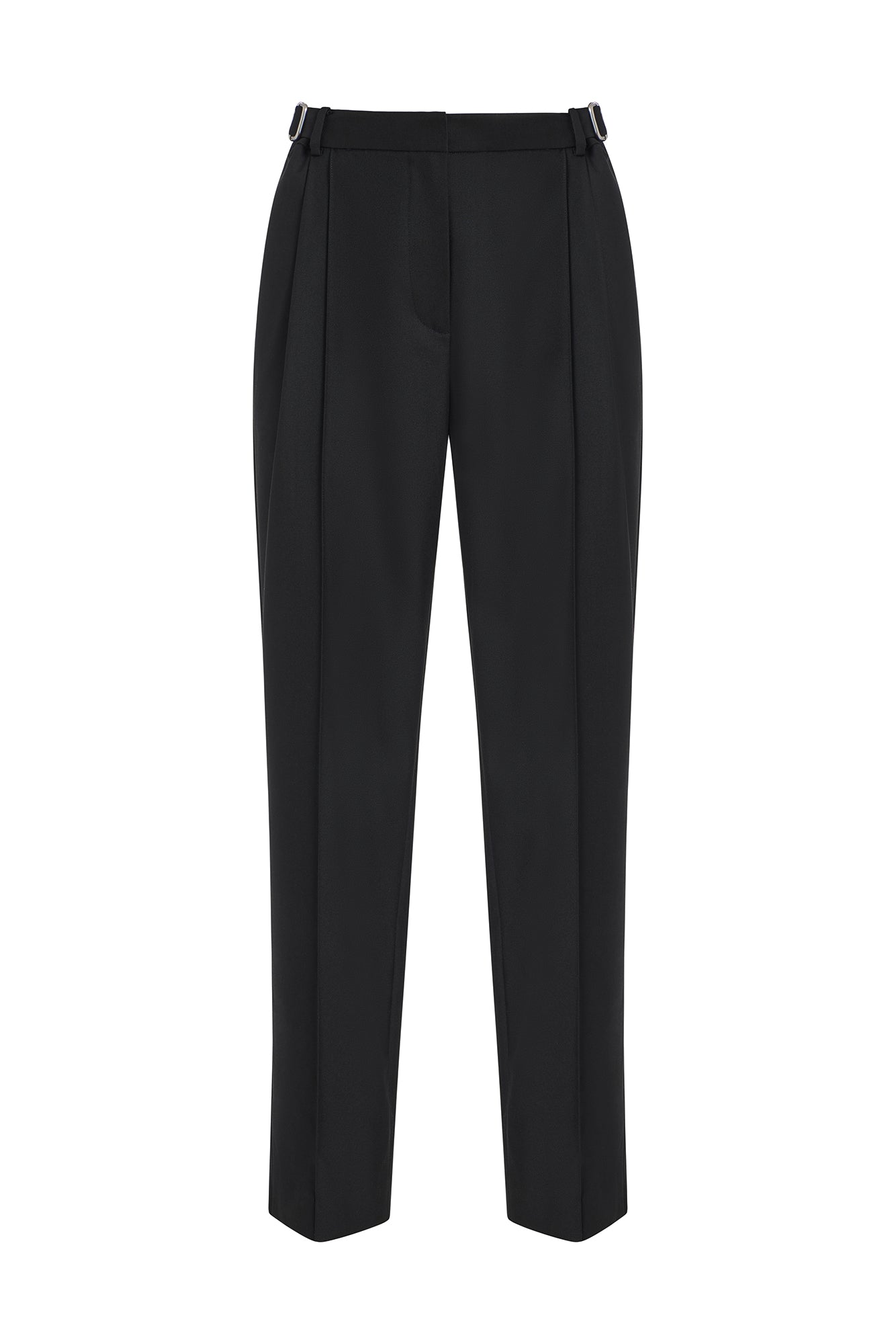 Black pleated trousers with a unique double-buckle belt detail, shown flat against a white background.