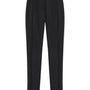 Black pleated trousers with a unique double-buckle belt detail, shown flat against a white background.