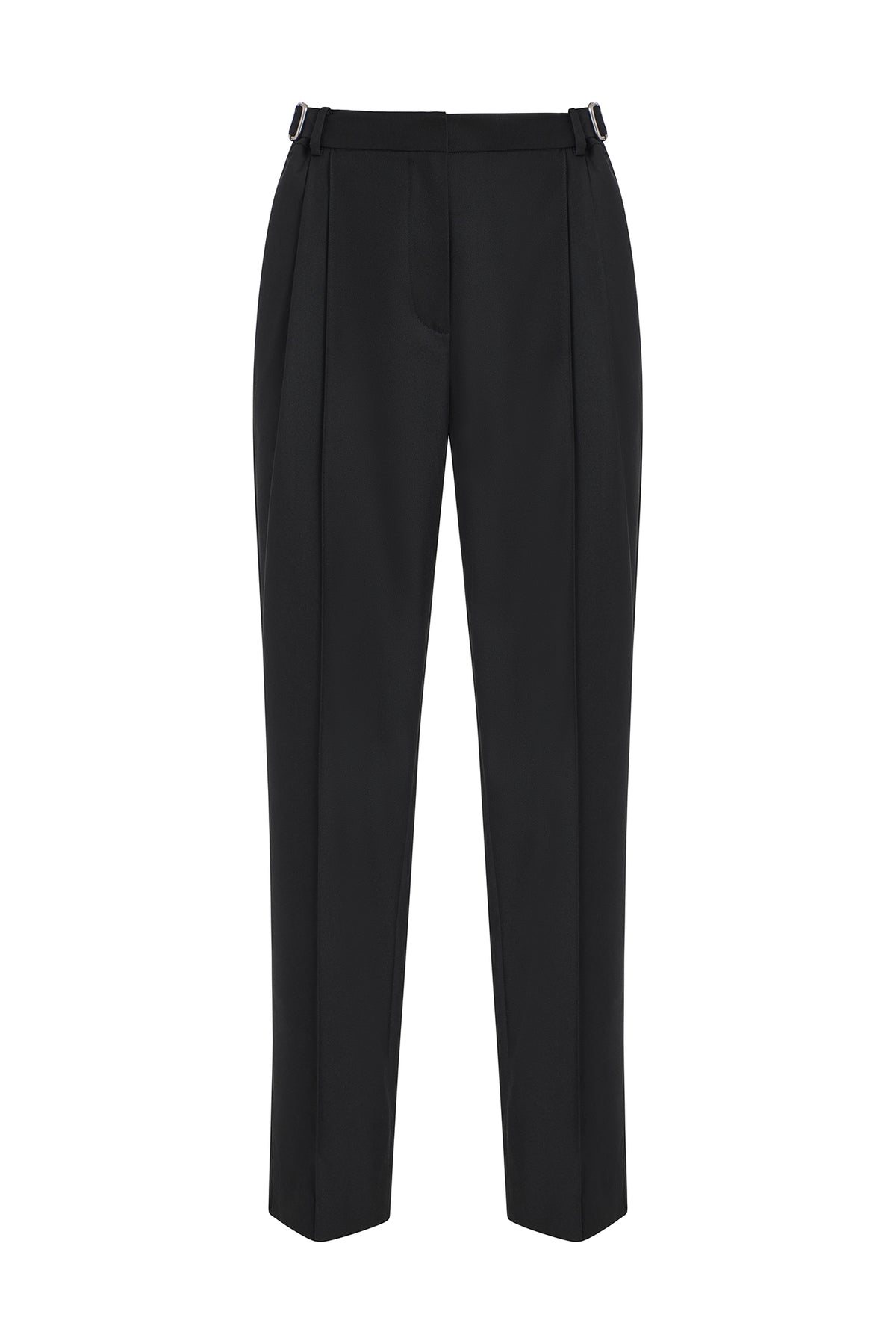 Black pleated trousers with a unique double-buckle belt detail, shown flat against a white background.