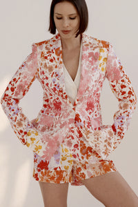 Freja Floral Printed Stretch Linen Flared Short - Rose Multi