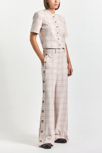 Carter Wide Leg Button Trouser- Taupe/Blue Plaid