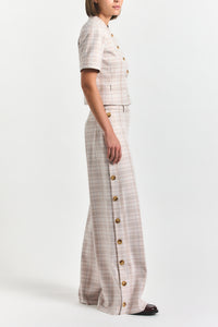Carter Wide Leg Button Trouser- Taupe/Blue Plaid