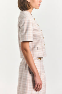 Grace Short Sleeve Jacket - Taupe/Blue Plaid