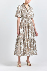 Dahlia Balloon Sleeve Shirtdress - Tan Moroccan