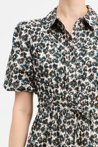 Dahlia Balloon Sleeve Shirt Dress - Teal Anemone Floral