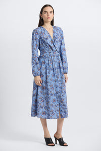Valerie Long Sleeve Twist Front Dress - Denim Blue Multi