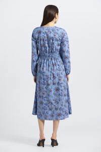 Valerie Long Sleeve Twist Front Dress - Denim Blue Multi