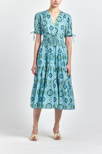 Thalia Puff Sleeve V-Neck Dress - Blue Medallion