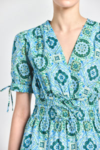 Thalia Puff Sleeve V-Neck Dress - Blue Medallion
