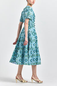 Thalia Puff Sleeve V-Neck Dress - Blue Medallion