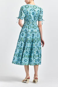 Thalia Puff Sleeve V-Neck Dress - Blue Medallion