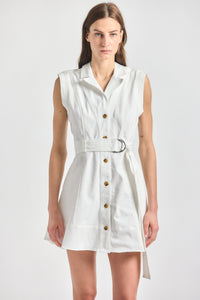 Lya Belted Denim Dress - White