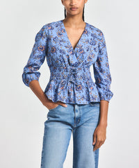 Lilith V-Neck Blouse - Denim Blue Multi