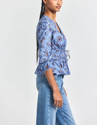 Lilith V-Neck Blouse - Denim Blue Multi