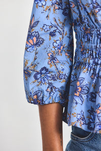 Lilith V-Neck Blouse - Denim Blue Multi