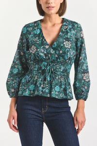Lilith V-Neck Blouse - Teal Multi