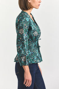 Lilith V-Neck Blouse - Teal Multi