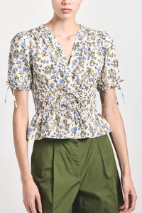 Rhea Puff Sleeve V-Neck Top - Blue Bouquet