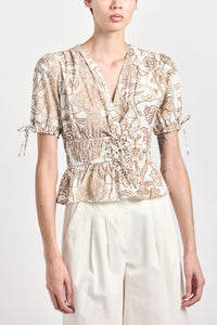 Rhea Puff Sleeve V-Neck Top - Tan Moroccan