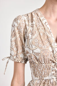 Rhea Puff Sleeve V-Neck Top - Tan Moroccan