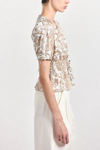 Rhea Puff Sleeve V-Neck Top - Tan Moroccan