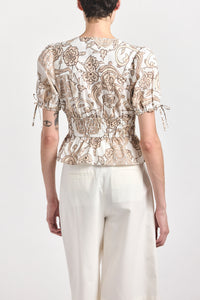 Rhea Puff Sleeve V-Neck Top - Tan Moroccan