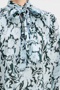 Valentine Tie Neck Blouse - Dark Emerald Fleur