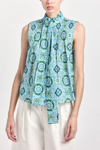 Allie Sleeveless Bow Blouse - Blue Medallion
