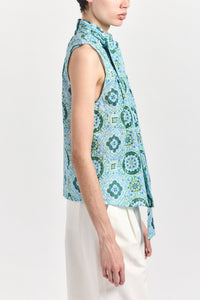Allie Sleeveless Bow Blouse - Blue Medallion