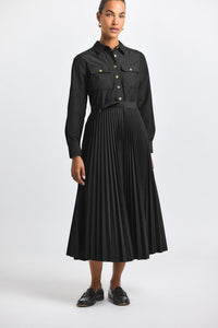 Kenza Cotton Poly Poplin Pleated Shirt Dress - Black