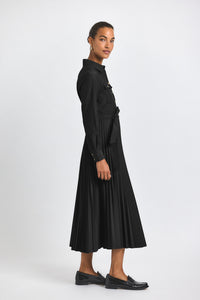 Kenza Cotton Poly Poplin Pleated Shirt Dress - Black