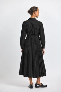 Kenza Cotton Poly Poplin Pleated Shirt Dress - Black
