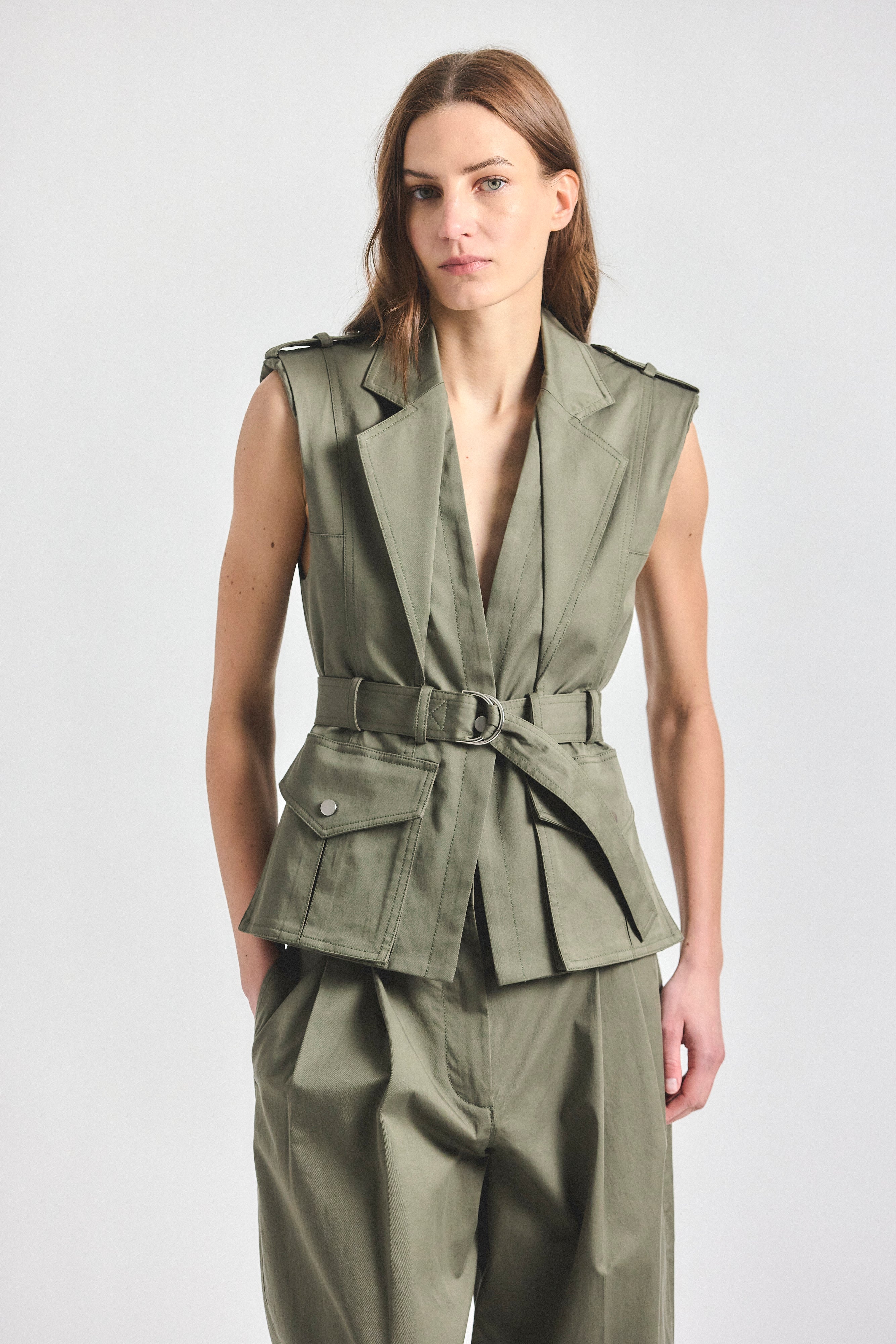 Scottie Belted Vest - Dusty Olive – Derek Lam