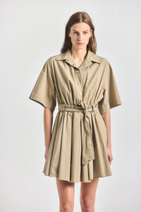 Alessia Short Sleeve Pleated Dress - KHAKI