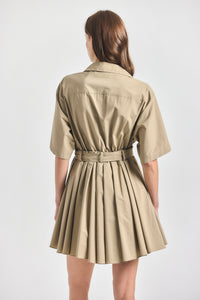 Alessia Short Sleeve Pleated Dress - KHAKI