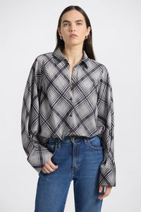 Wesley Lattice Print Crepe Back Satin Shirt-Black/Shark/Ecru