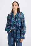 Aderyn Tapestry Print Tie Neck Blouse-Navy/Jade/Ecru