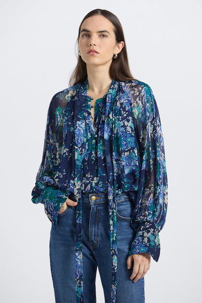 Aderyn Tapestry Print Tie Neck Blouse - Navy/Jade/Ecru – Derek Lam